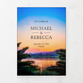 Tropical Beach Sunset String Lights Trouwfoto Drieluik Uitnodiging (Cover)