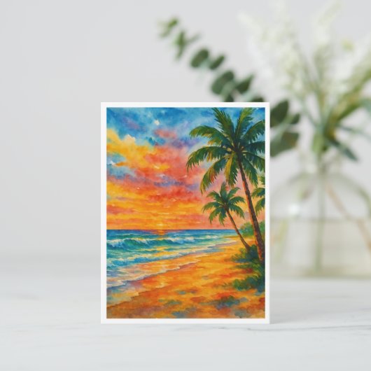 Tropical Beach Sunset Waterverf Briefkaart (Staand voorkant)