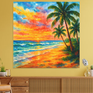 Tropical Beach Sunset Waterverf Canvas Afdruk