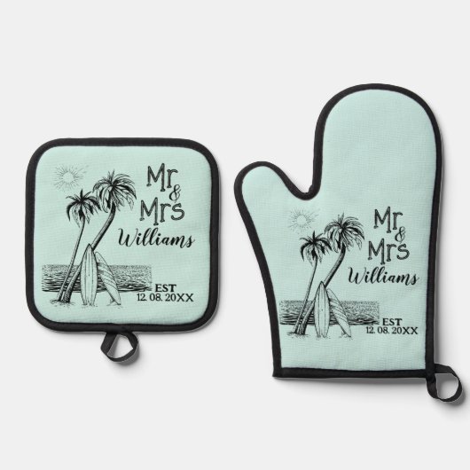Tropical Beach Surfer familienaam Est Mr en Mrs Ovenwant & Pannenlap Set (Voorkant)