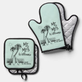 Tropical Beach Surfer familienaam Est Mr en Mrs Ovenwant & Pannenlap Set (Voorkant / Achterkant)