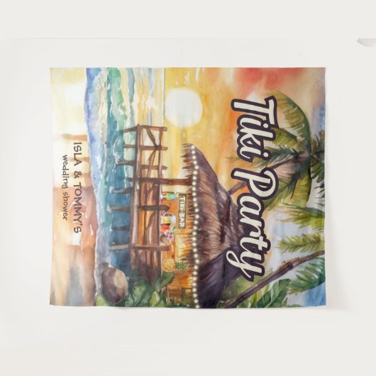Tropical Beach Tiki Bar Trouwdouche Wandkleed (Voorkant (horizontaal))