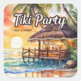 Tropical Beach Tiki Party Bruiloft Douche Vierkante Sticker