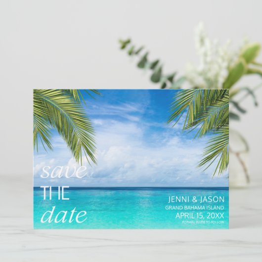 Tropical Beach Trouwfoto Save the Date (Staand voorkant)