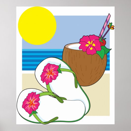Tropical Beach Vacation Coconut Flowers Flip Flops Poster (Voorkant)