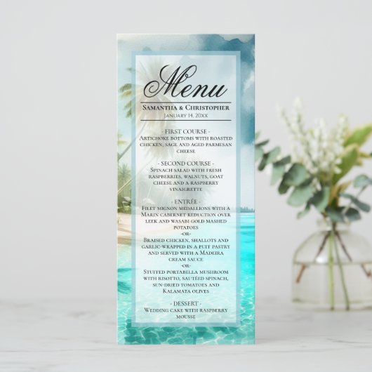 Tropical Beach Watercolor Elegant Coastal Wedding Menu (Staand voorkant)