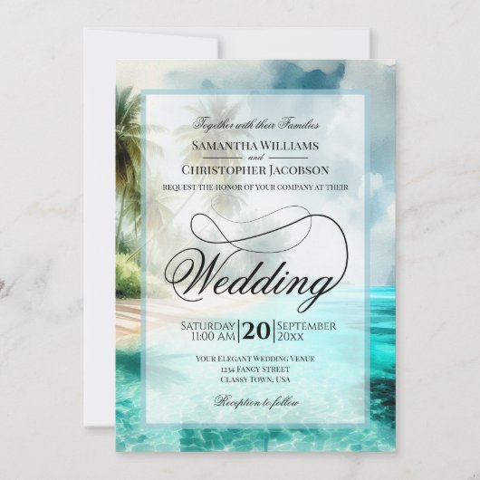Tropical Beach Watercolor Fancy Script Wedding Kaart (Voorkant)