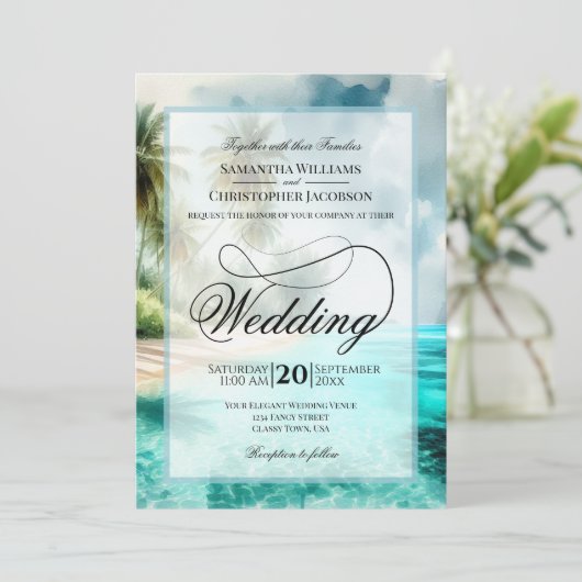 Tropical Beach Watercolor Fancy Script Wedding Kaart (Staand voorkant)