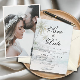Tropical Beach Watercolor Photo Save the Date Kaart