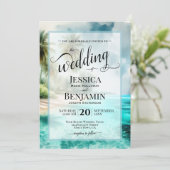 Tropical Beach Watercolor Stylish Script Wedding Kaart (Staand voorkant)
