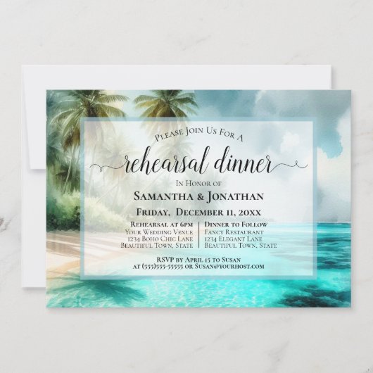 Tropical Beach Watercolor Wedding Rehearsal Dinner Kaart (Voorkant)