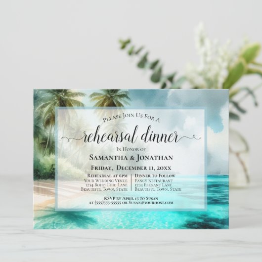 Tropical Beach Watercolor Wedding Rehearsal Dinner Kaart (Staand voorkant)