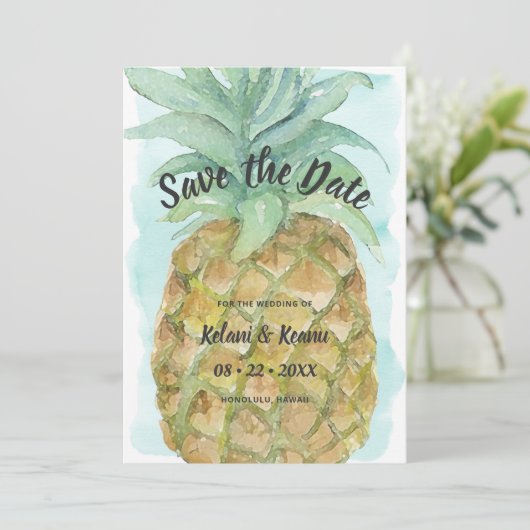 Tropical Beach Waterverf ananas bruiloft Save The Date (Staand voorkant)