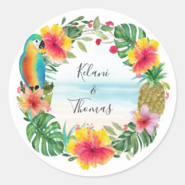 Tropical Beach Waterverf Bloemenkrans Ronde Sticker