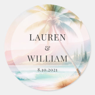 Tropical Beach Waterverf Palm Tree Bruiloft Ronde Sticker
