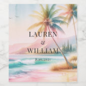 Tropical Beach Waterverf Palm Tree Bruiloft Wijn Etiket (Enkel label)