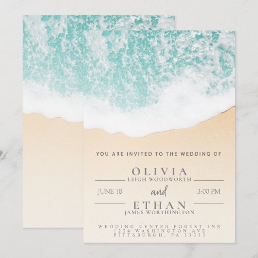 Tropical Beach Waves Wedding Invitation Sjabloon Kaart (Voorkant / Achterkant)