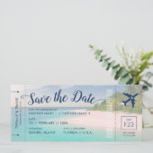Tropical Beach Wedding Boarding Pass Save the Date Aankondiging (Staand voorkant)