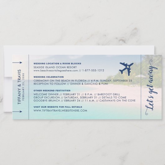 Tropical Beach Wedding Boarding Pass Save the Date Aankondiging (Achterkant)