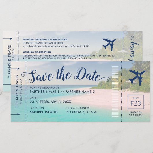 Tropical Beach Wedding Boarding Pass Save the Date Aankondiging (Voorkant / Achterkant)