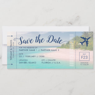 Tropical Beach Wedding Boarding Pass Save the Date Aankondiging