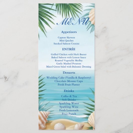 Tropical Beach Wedding Reception Menu Card (Voorkant)
