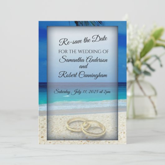 Tropical Beach Wedding Red het Date Briefkaart (Staand voorkant)