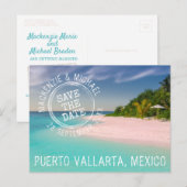 Tropical Beach Wedding Stamp Logo Save the Date Aankondigingskaart (Voorkant / Achterkant)