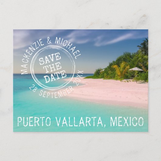 Tropical Beach Wedding Stamp Logo Save the Date Aankondigingskaart (Voorkant)