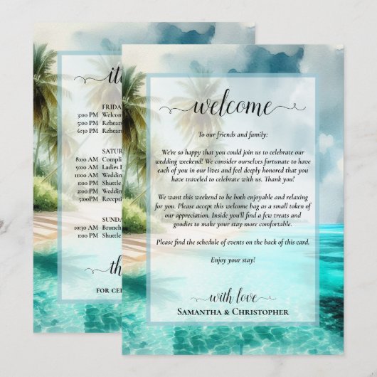 Tropical Beach Wedding Welcome & Itinerary Programmakaart (Voorkant / Achterkant)
