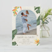 Tropical Beach Weduwfoto Save The Date (Staand voorkant)