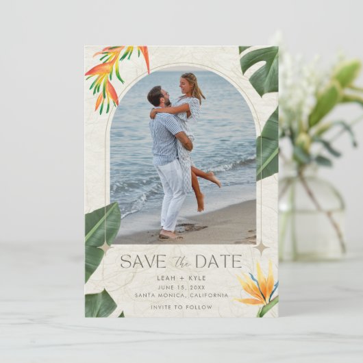 Tropical Beach Weduwfoto Save The Date (Staand voorkant)