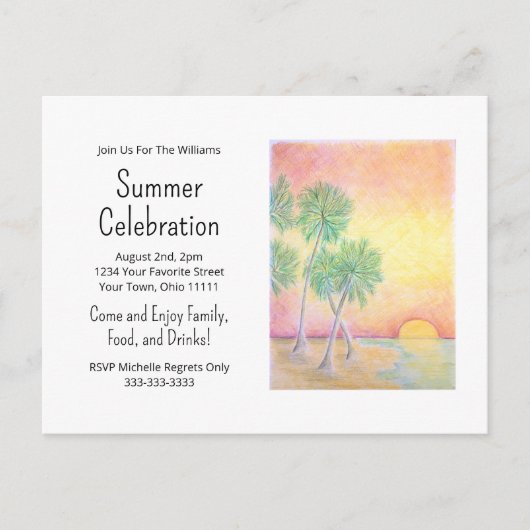 Tropical Beach Zonsondergang Zomerfeest Uitnodiging Briefkaart (Voorkant)