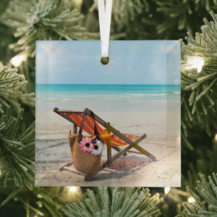 Tropical Beaches Beach Chair on Sand Glas Ornament