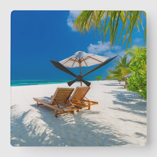 Tropical Beaches | Lounge Chairs Beach, Bora Bora Vierkante Klok (Voorkant)
