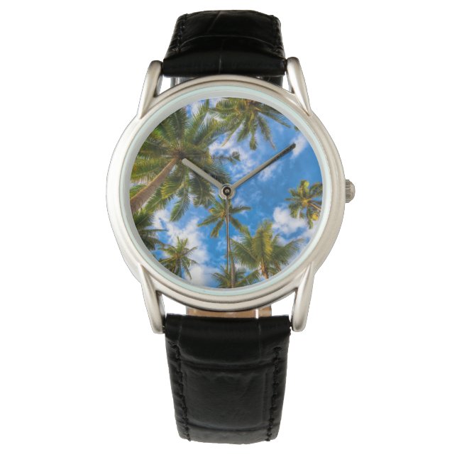 Tropical Beaches | Palm Trees on Blue Sky Horloge (Voorkant)