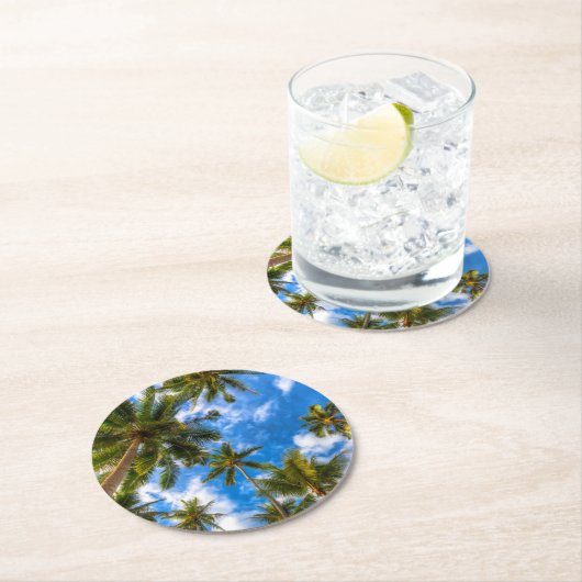 Tropical Beaches | Palm Trees on Blue Sky Ronde Kartonnen Onderzetter (Insitu)