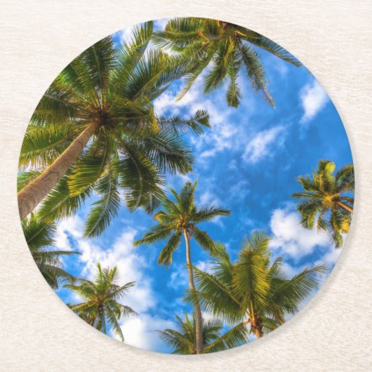 Tropical Beaches | Palm Trees on Blue Sky Ronde Kartonnen Onderzetter (Voorkant)
