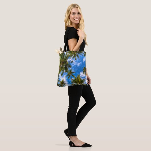 Tropical Beaches | Palm Trees on Blue Sky Tote Bag (Op model)