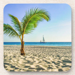 Tropical Beaches Sailboat, Palm Tree, Aruba Bier Onderzetter
