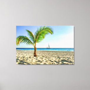 Tropical Beaches Sailboat, Palm Tree, Aruba Canvas Afdruk