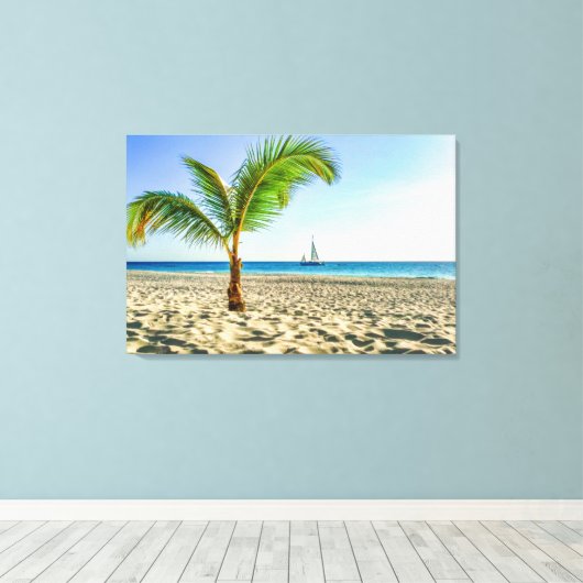 Tropical Beaches Sailboat, Palm Tree, Aruba Canvas Afdruk (Insitu (Houten vloer))