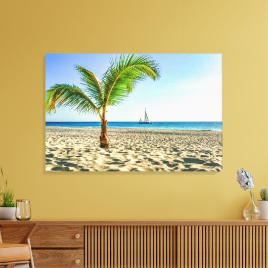 Tropical Beaches Sailboat, Palm Tree, Aruba Canvas Afdruk (Insitu (Woonkamer))