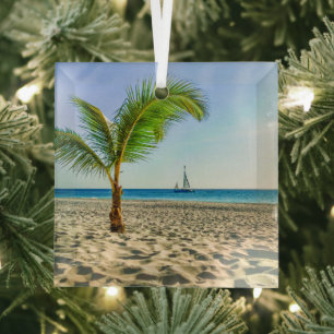 Tropical Beaches Sailboat, Palm Tree, Aruba Glas Ornament