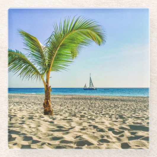 Tropical Beaches Sailboat, Palm Tree, Aruba Glazen Onderzetter (Voorkant)