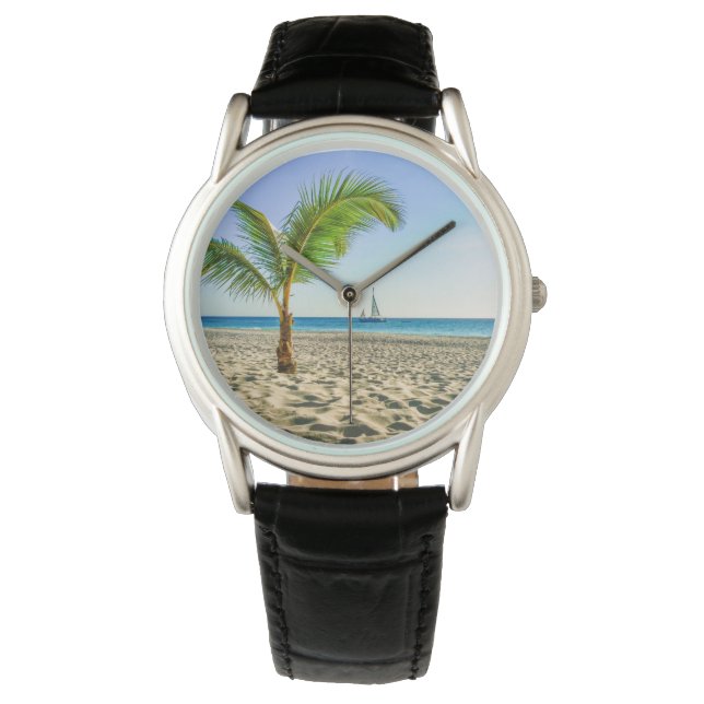 Tropical Beaches Sailboat, Palm Tree, Aruba Horloge (Voorkant)
