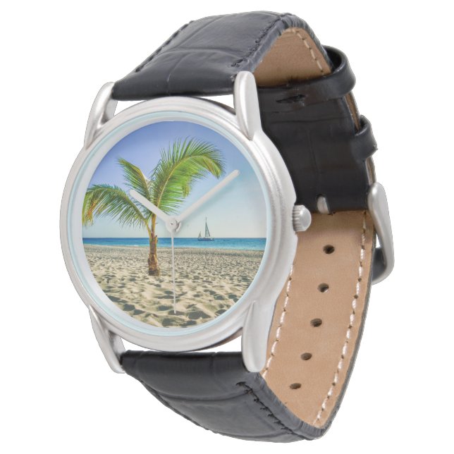 Tropical Beaches Sailboat, Palm Tree, Aruba Horloge (Gekanteld)