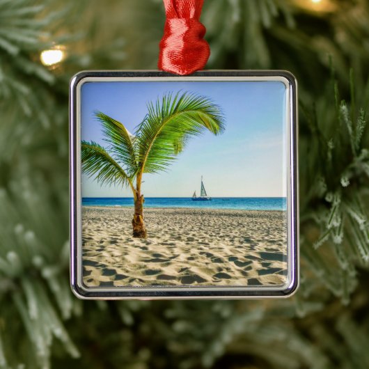 Tropical Beaches Sailboat, Palm Tree, Aruba Metalen Ornament (Boom)