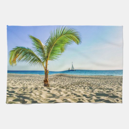 Tropical Beaches Sailboat, Palm Tree, Aruba Theedoek (Horizontaal)