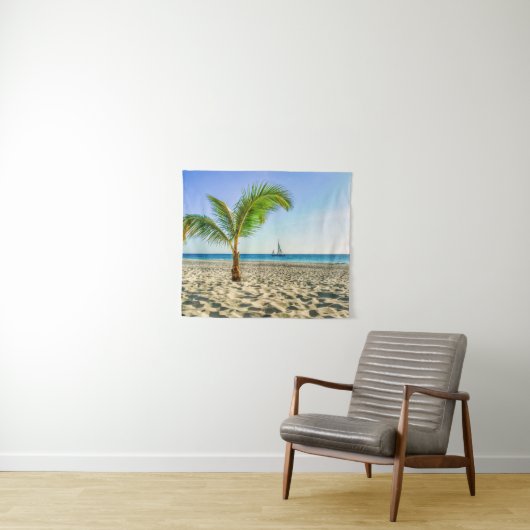 Tropical Beaches | Sailboat, Palm Tree, Aruba Wandkleed (In Situ (horizontaal))